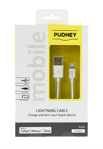 PUDNEY USB A PLUG TO LIGHTNING PLUG 1 METRE WHITE