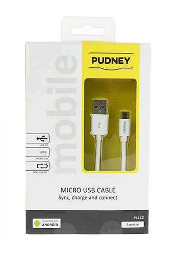 PUDNEY USB A PLUG TO MICRO USB PLUG 2 METRE WHITE